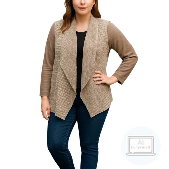 Logo Lori Goldstein Womens Cardigan Mixed Media Open Front Boucle Knit Shale XL - Picture 1 of 11